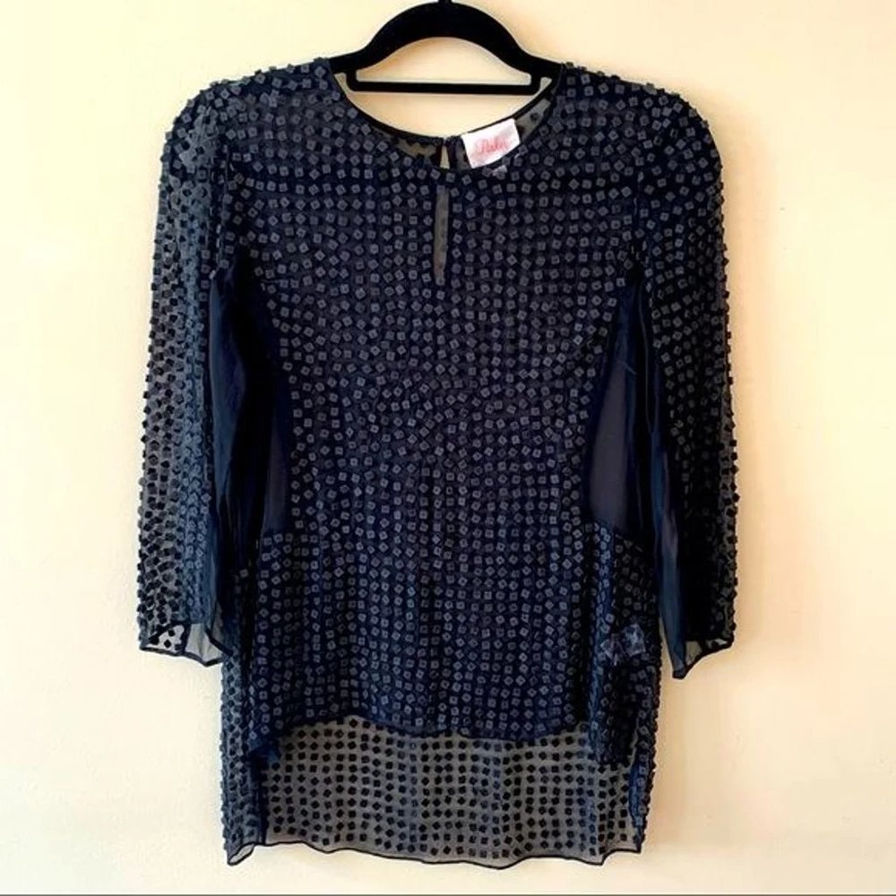 Parker black silk sheer spangled top L